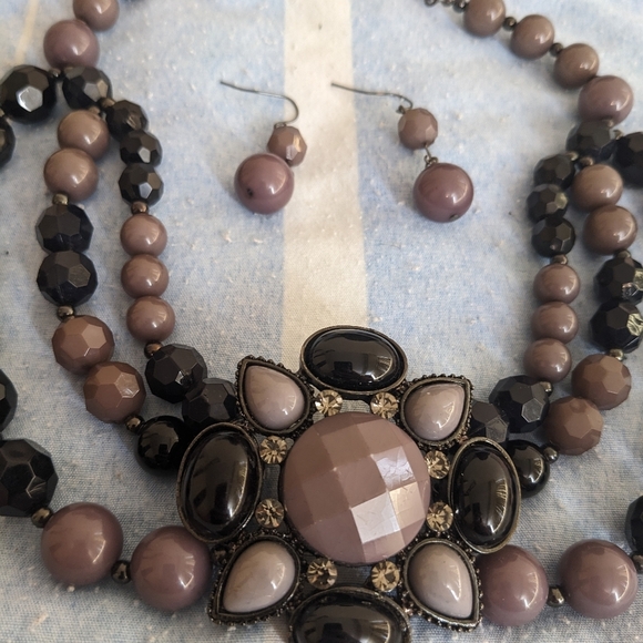 Purple and Black Statement Necklace  and Earrings Set - Picture 3 of 3